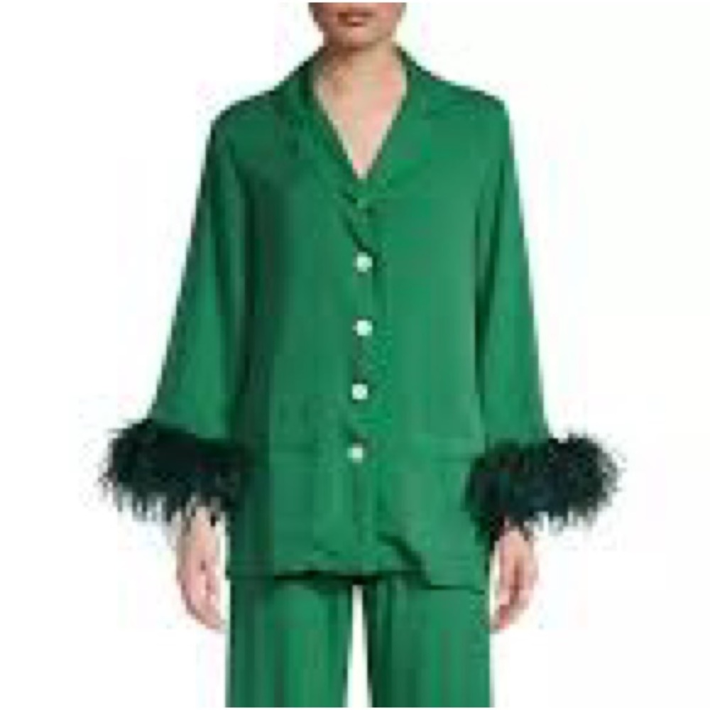Sleeper Emerald Green Satin Pajama Top ONLY with Feather Cuffs
